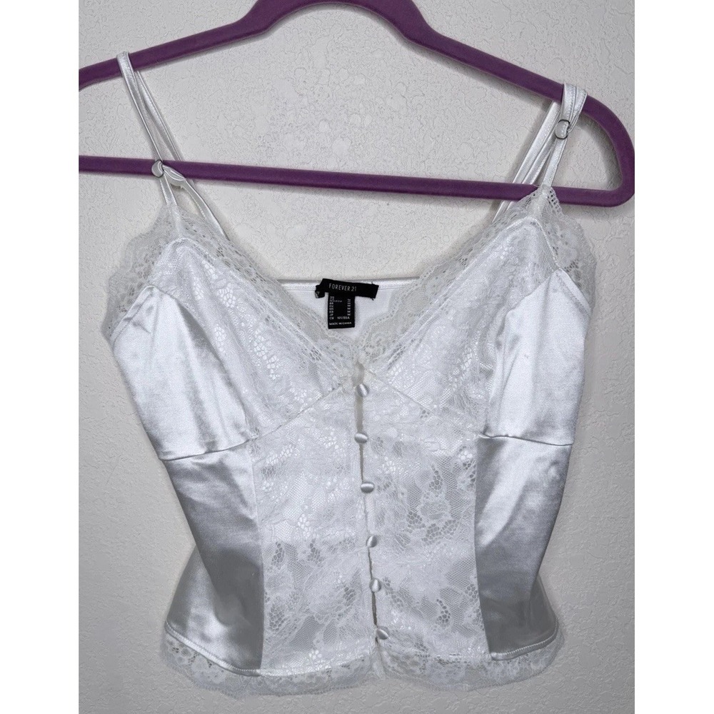 Satin Lace‎ Trim Camisole Top Womens M White Layering Whimsy Fairy Cami Romantic